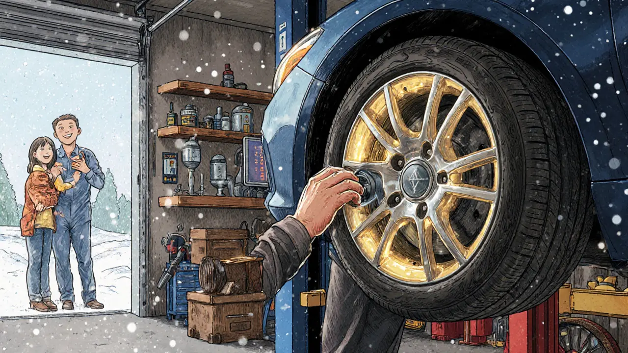 Механик устанавливает внутренний датчик давления на диск колеса в гараже.