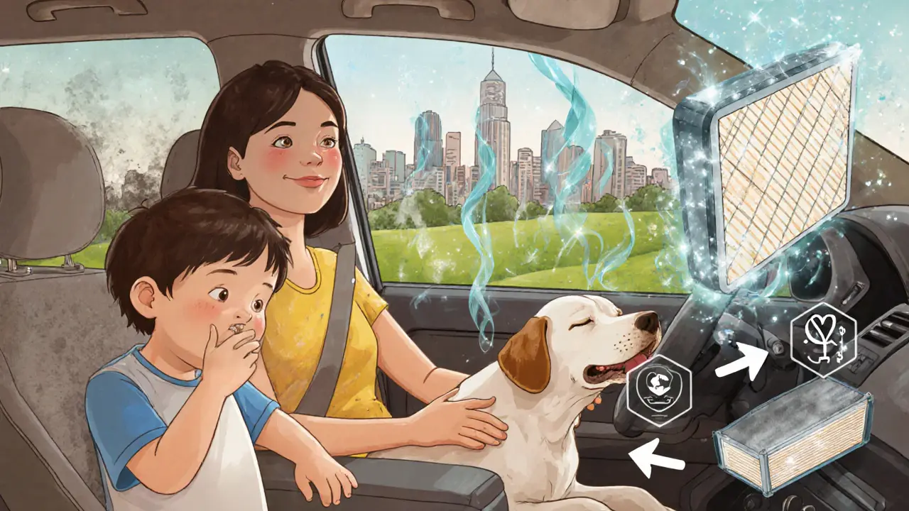 Семья в машине дышит чистым воздухом, за окном — чистый город, а в салоне — сияющие потоки воздуха.