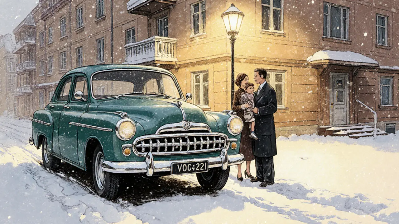 Советская Волга ГАЗ-21 стоит у дома, семья смотрит на неё с восхищением.