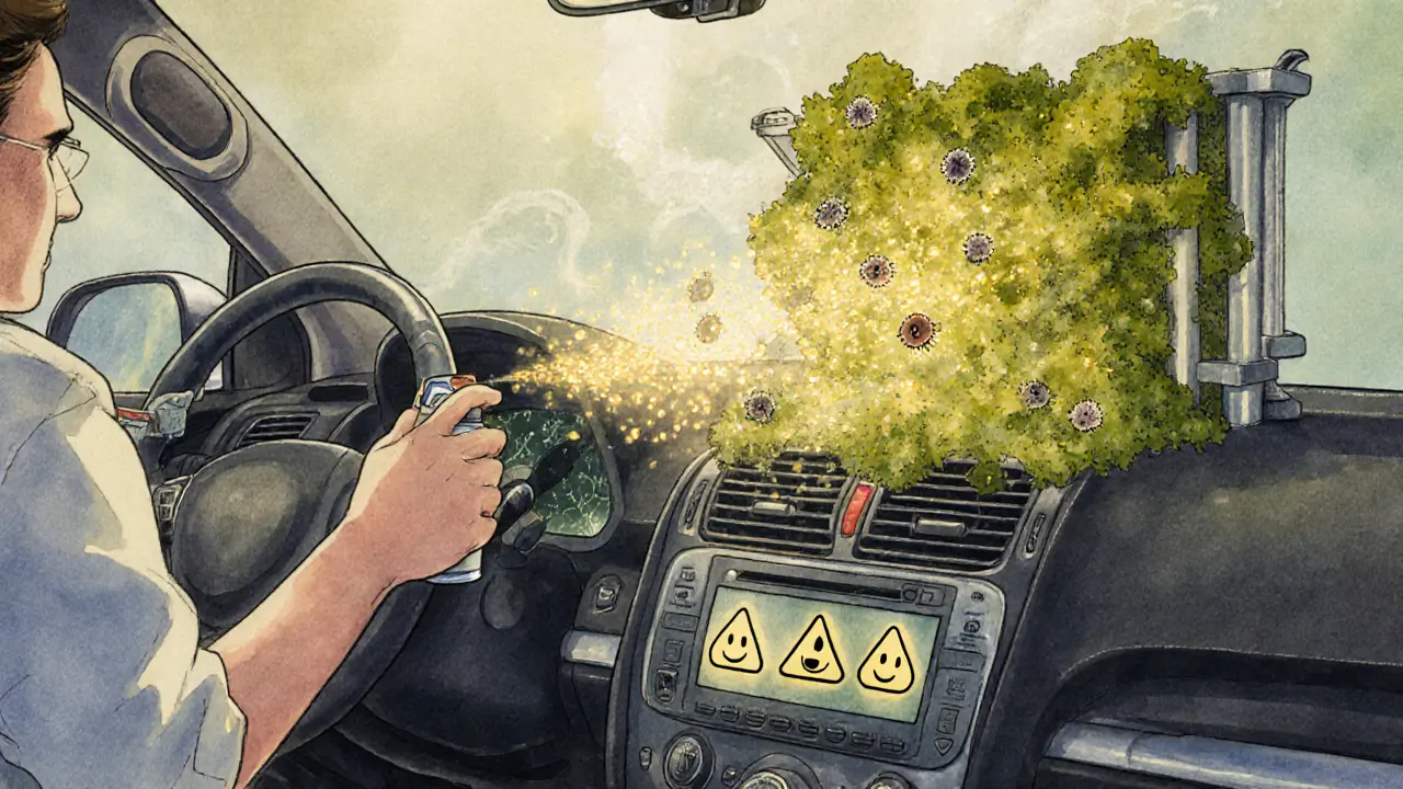 Техник распыляет сияющий аэрозоль в вентиляцию автомобиля, грибки убегают от света.