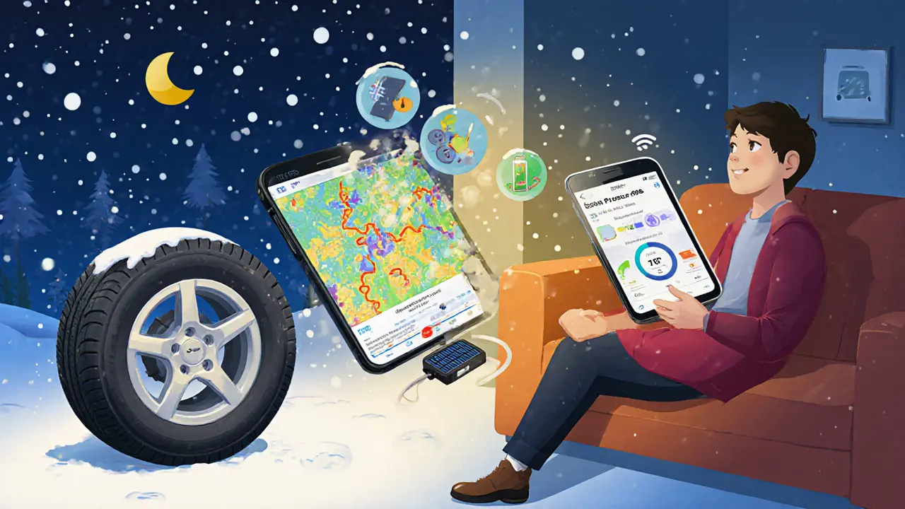 Водитель проверяет давление в шинах через Bluetooth-приложение на телефоне дома.