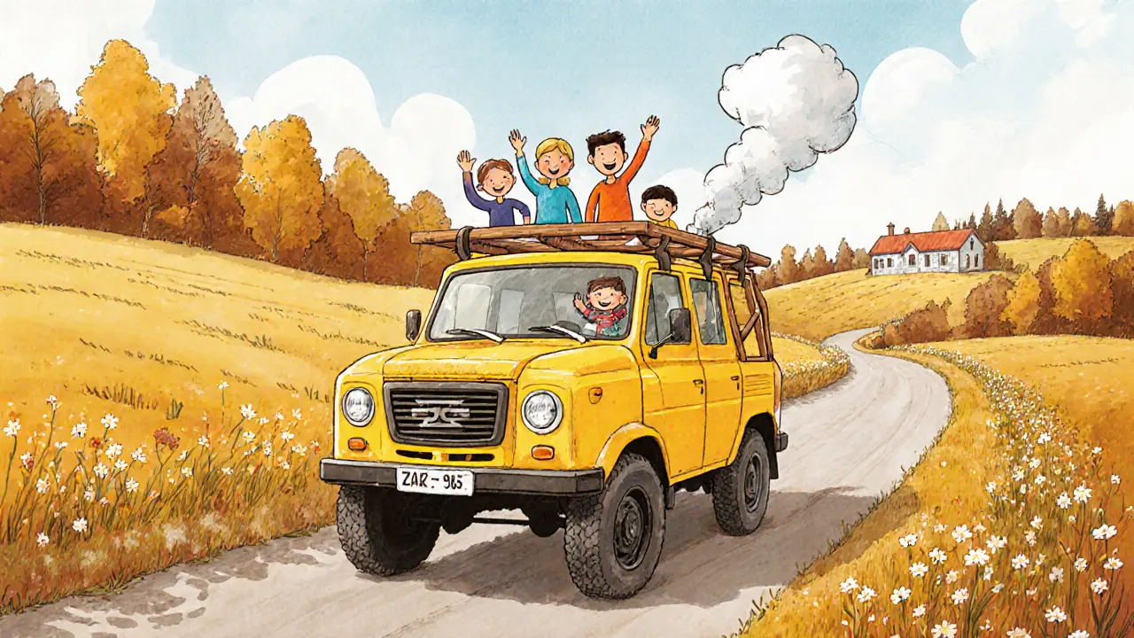 Желтый Запорожец с семьёй едет по загородной дороге к даче.