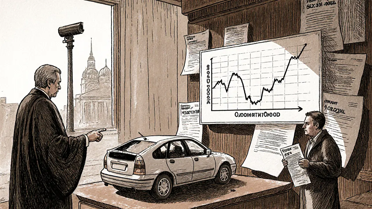 Автомобиль на суде как доказательство, рядом — график шума и документы о нарушении экологических норм.