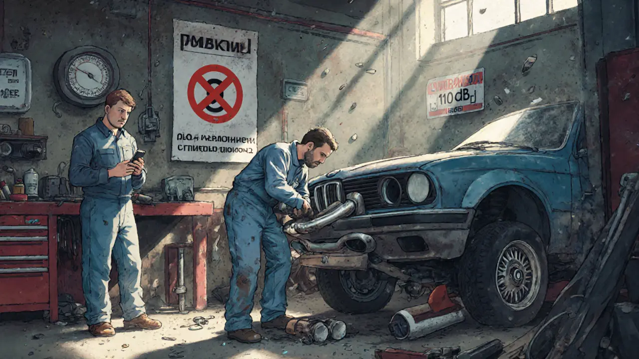 Механик устанавливает спортивную выхлопную систему в гараже, на стене — запрет на удаление катализатора.