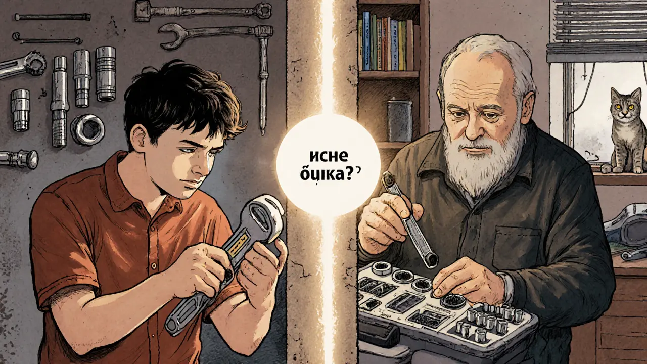 Начинающий с неправильным ключом рядом с опытным мастером, который измеряет болт штангенциркулем, символизируя правильный подход.