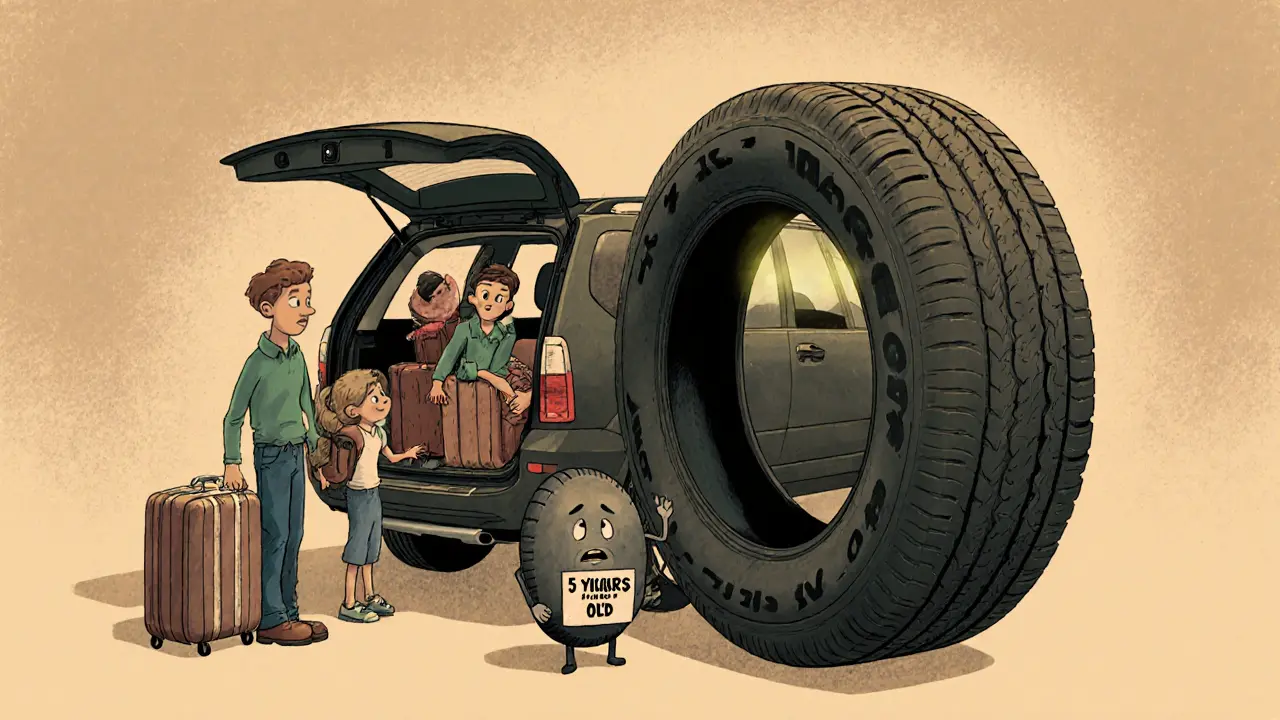 Семья грузит багаж в кроссовер, рядом — шина с пометкой XL и предупреждением о возрасте 5 лет.