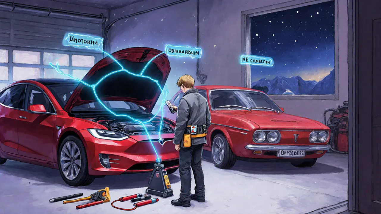 Современный гараж: молодой человек с AR-инструментами над электромобилем, рядом — базовый набор для новичка, в тёплом свете заката.