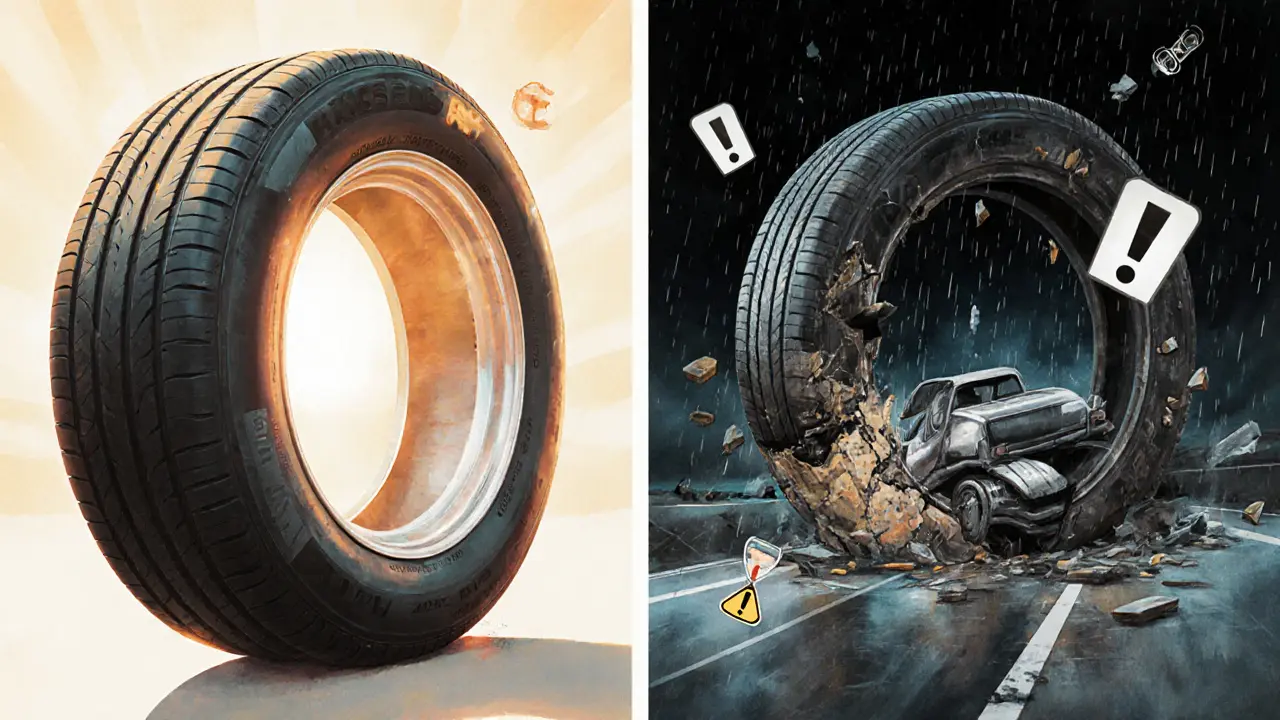 Сравнение новой и старой шины: одна целая с маркировками, другая разорвана на мокрой дороге.