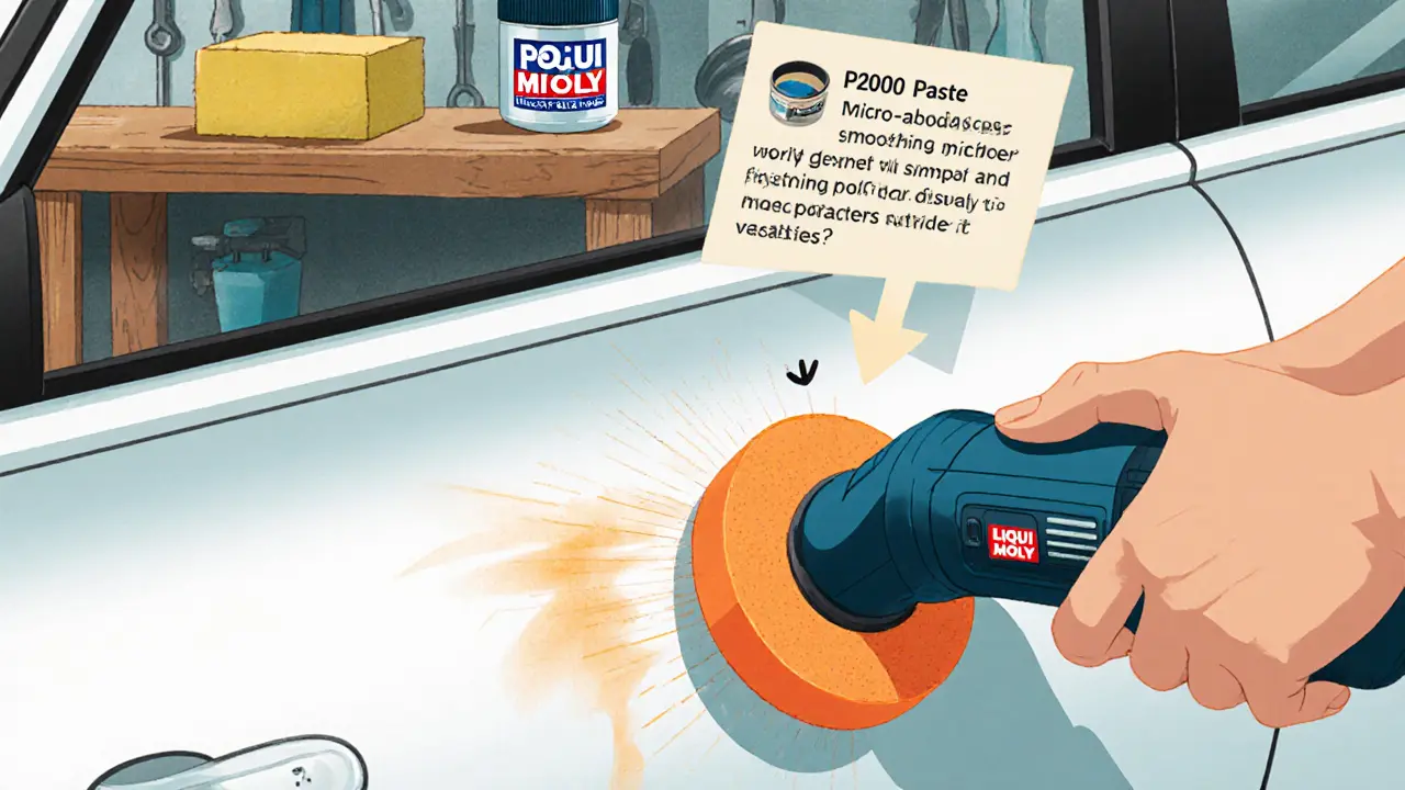 Человек полирует среднюю царапину на машине оранжевым кругом с пастой в гараже.