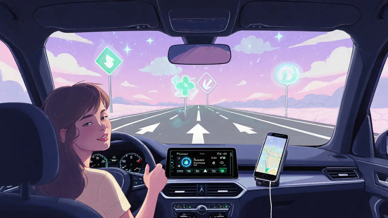 Футуристический салон автомобиля с AR-навигацией на лобовом стекле, водитель спокоен, в центре — магнитола.