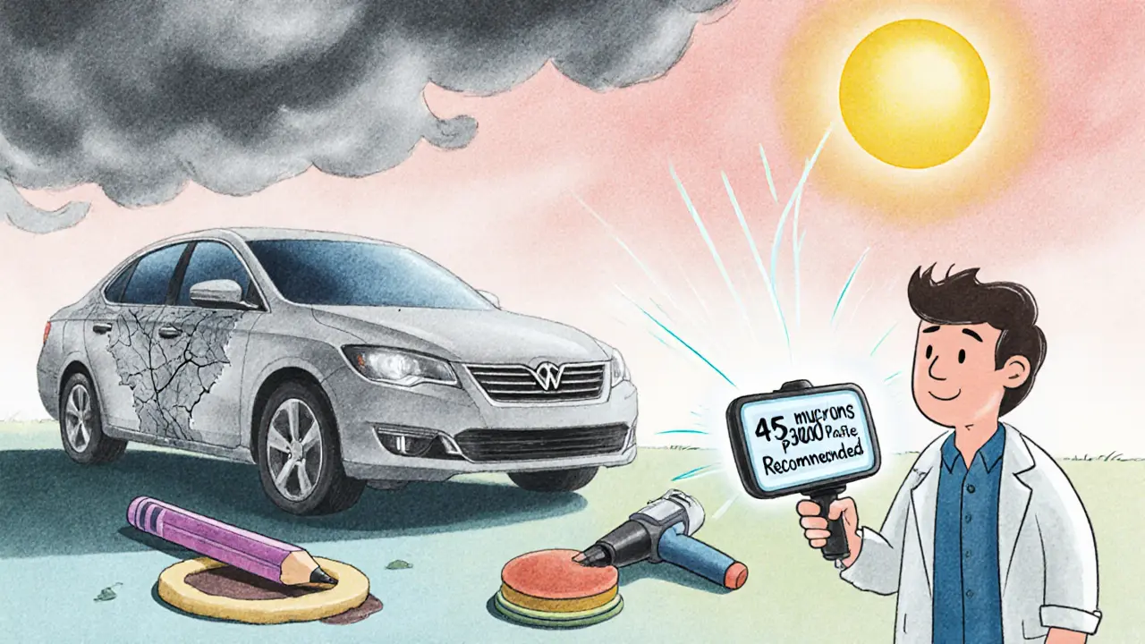 Глубокая царапина на машине с неудачными попытками ремонта и AR-сканером, показывающим правильное решение.