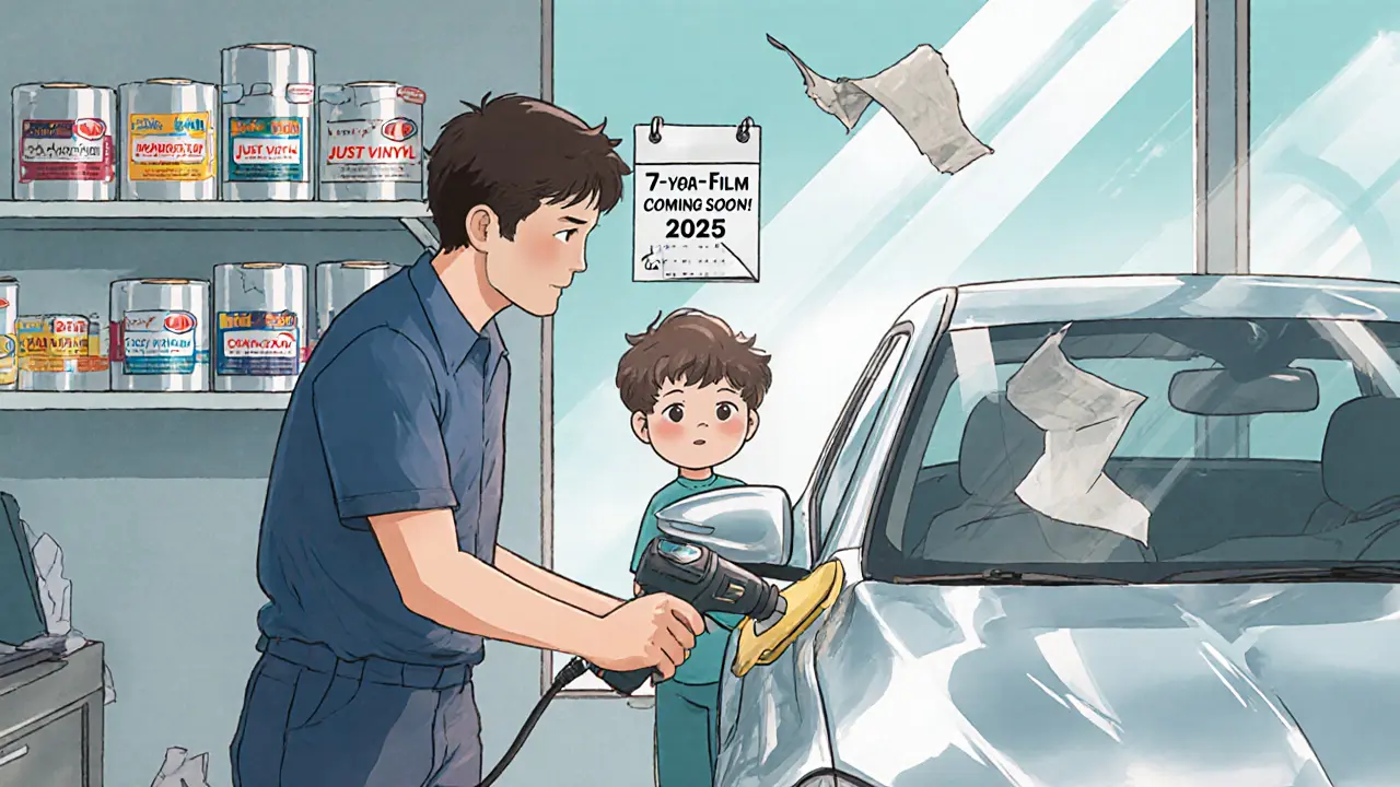 Мастер наклеивает хром-пленку на ручку двери, ребенок смотрит с удивлением.