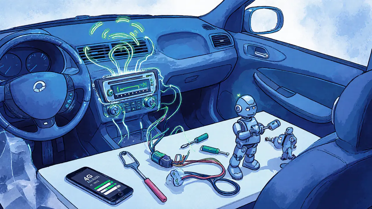 Механик устанавливает магнитолу Teyes в автомобиль, вокруг инструменты и светящиеся провода.