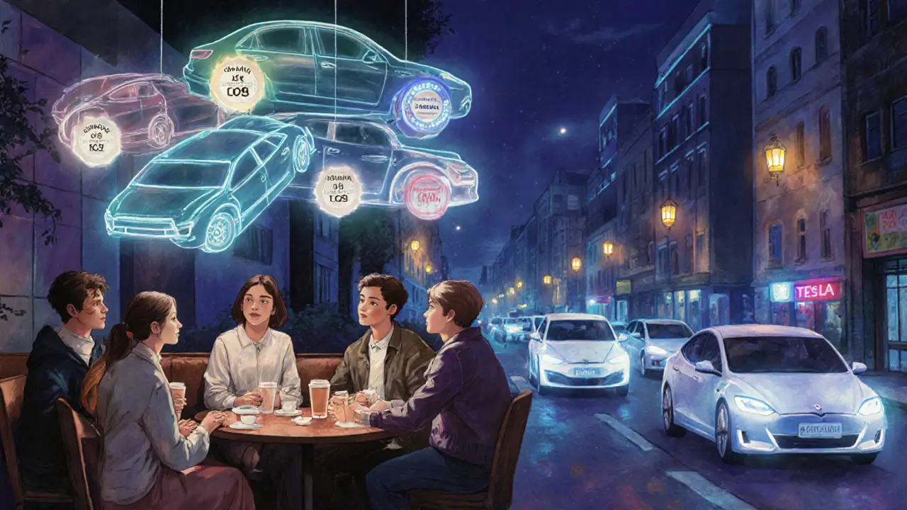 Молодые водители обсуждают опыт каршеринга в кафе, над столом парят цифровые автопрофили.