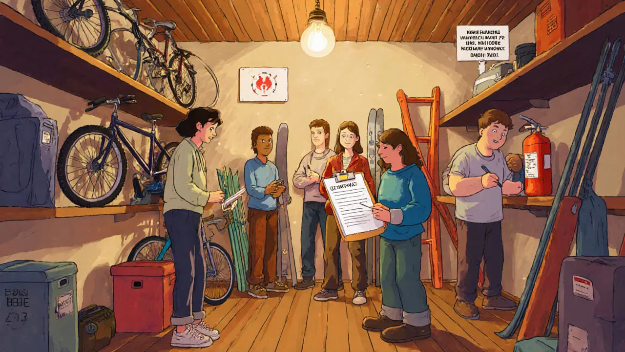 Общее хранилище в подвале с велосипедами и лыжами, соседи подписывают соглашение.