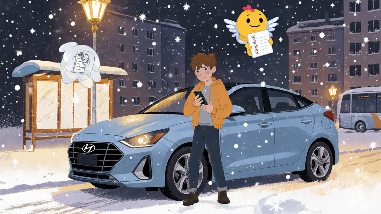 Подросток фотографирует автомобиль перед поездкой, рядом летает дружелюбный цифровой помощник.