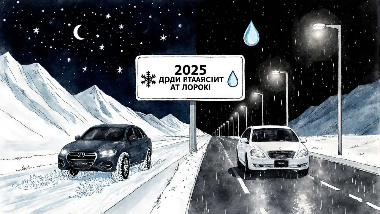 Разделённая дорога: слева — ледяная трасса с шипованными шинами, справа — мокрый асфальт с фрикционными шинами.