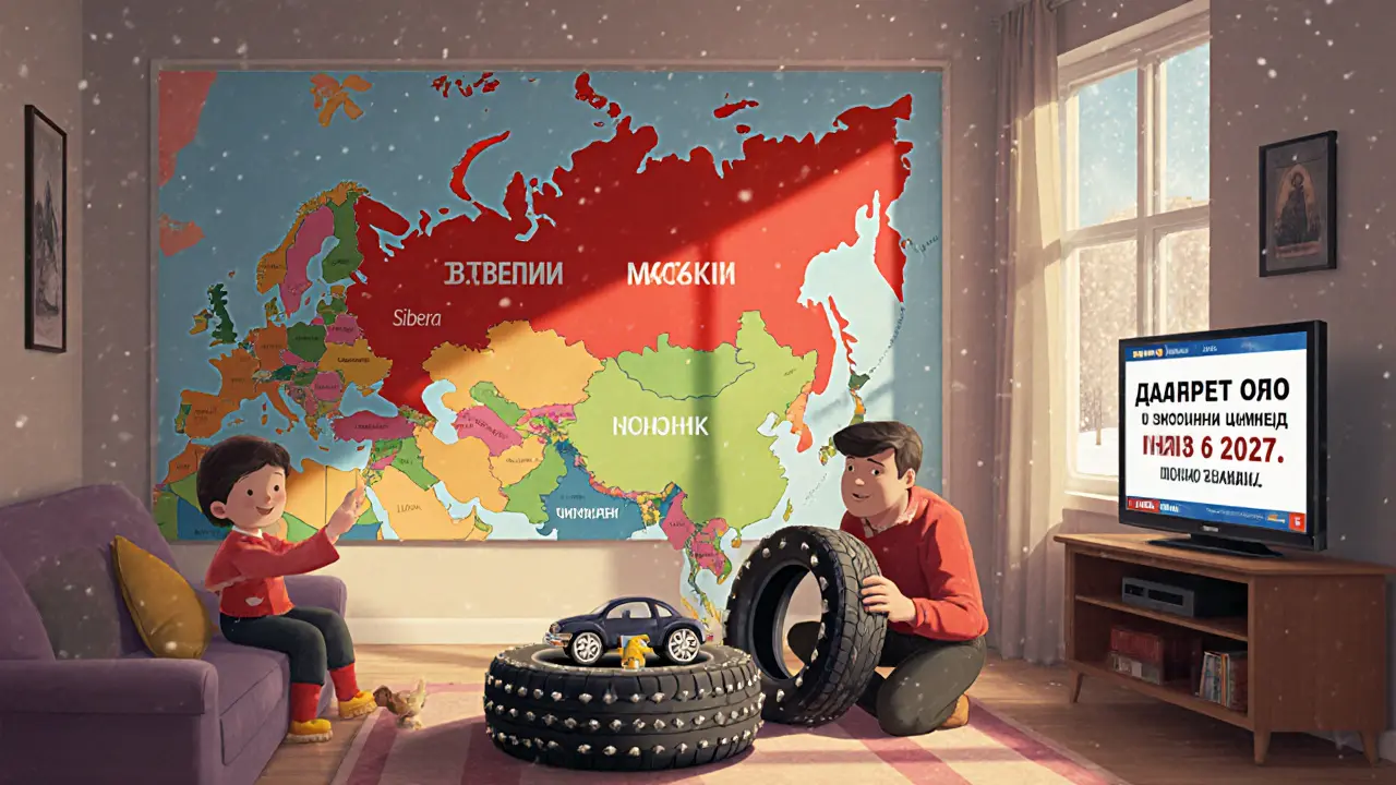 Семья смотрит на карту России, где разные регионы отмечены шипами или липучками, за окном идёт снег.
