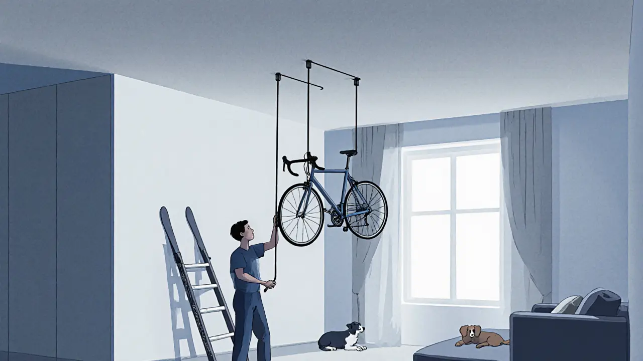 Велосипед подвешен к потолку на тросах, человек опускает его на уровень пояса.