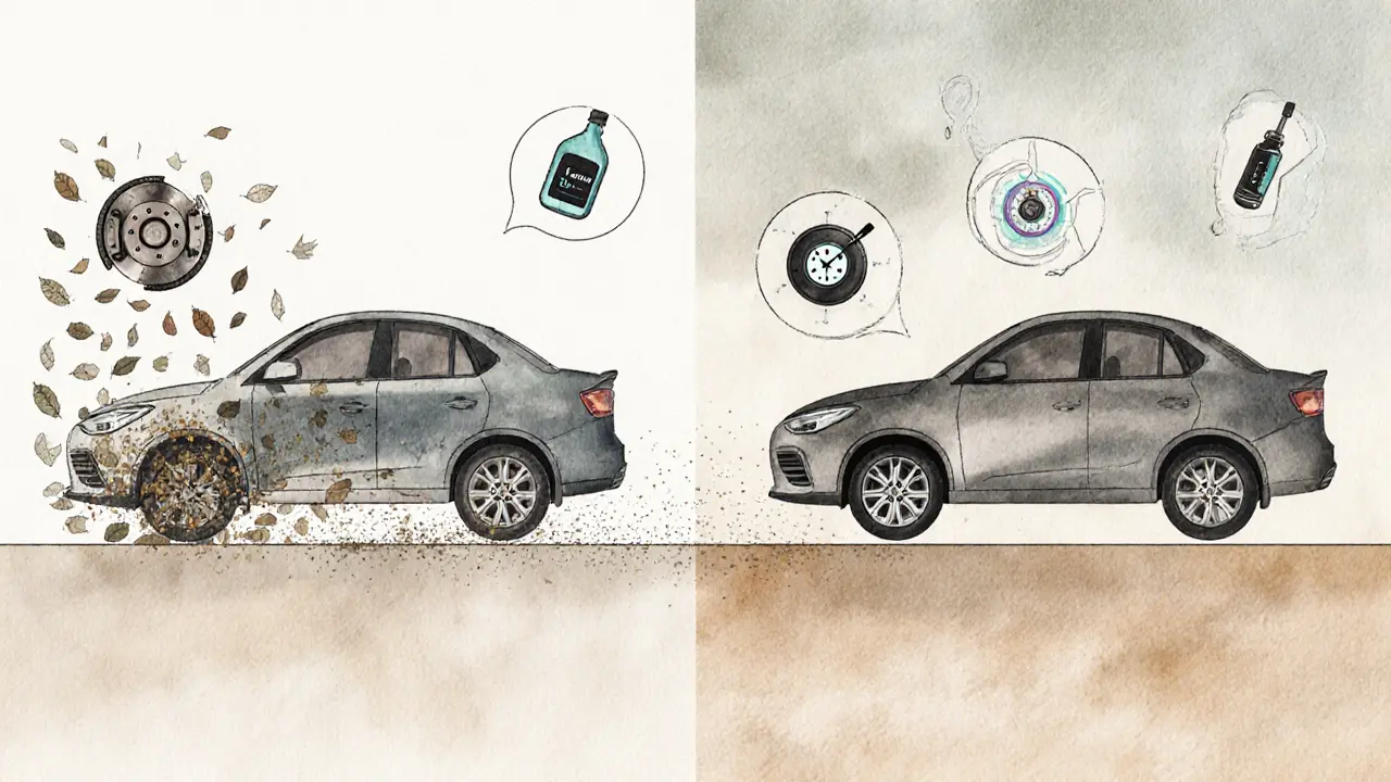 Две машины останавливаются на разном расстоянии: одна — далеко, с изношенными деталями, другая — ближе, с идеальными компонентами.