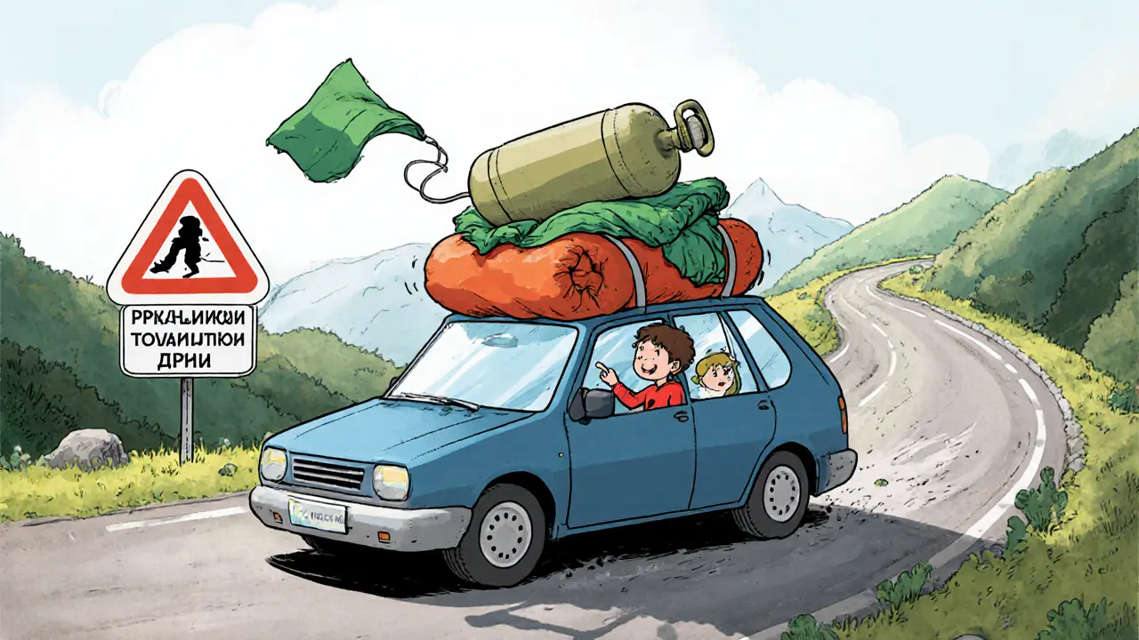 Машина на повороте с опасно сдвинувшимся грузом на крыше.