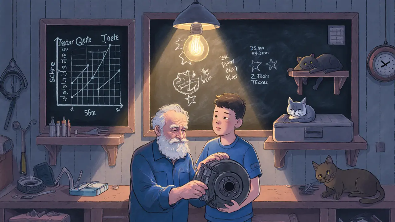 Механик меняет тормозные колодки в гараже, на стене — рисунки с расстояниями торможения и инструменты.