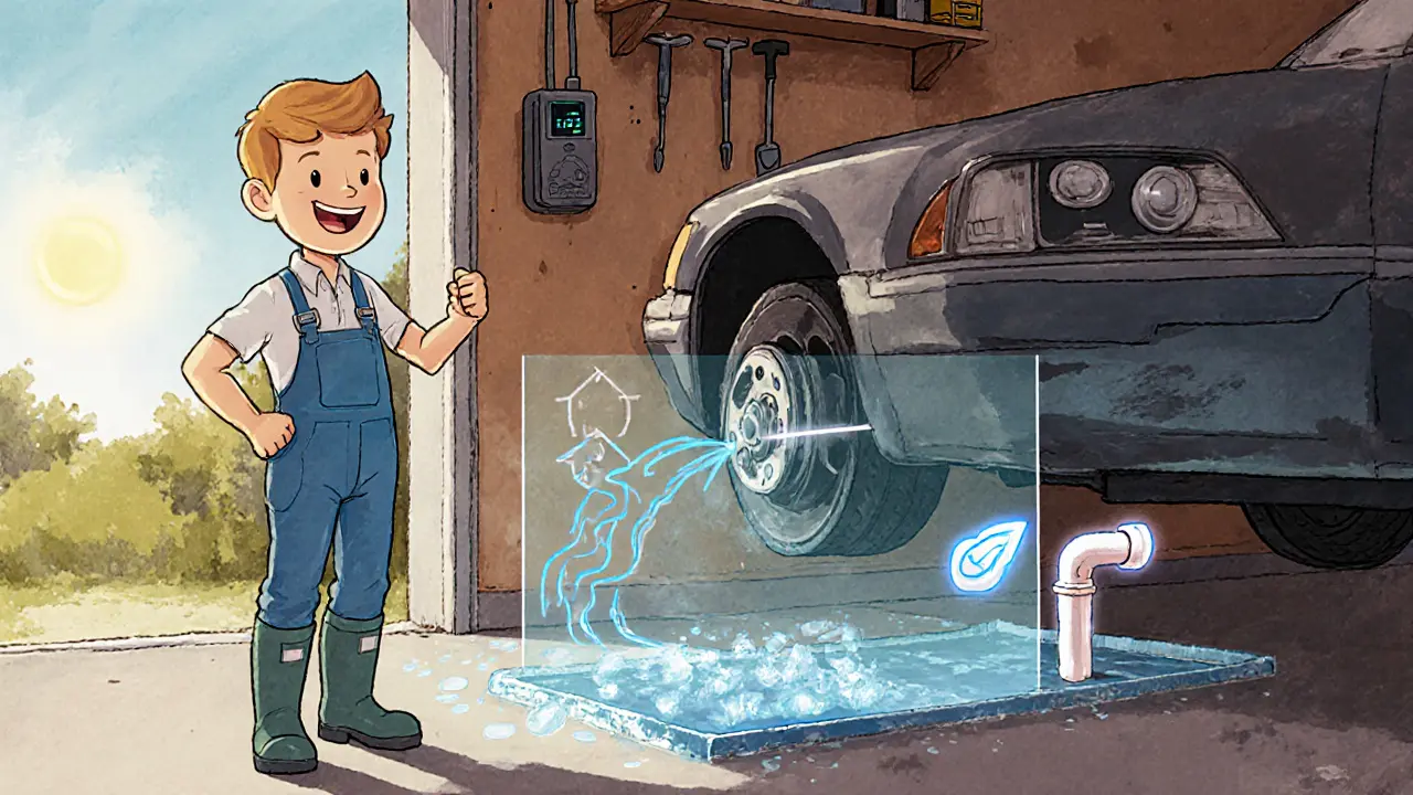 Механик в сухой яме с видимыми слоями гидроизоляции и датчиком влажности на стене.