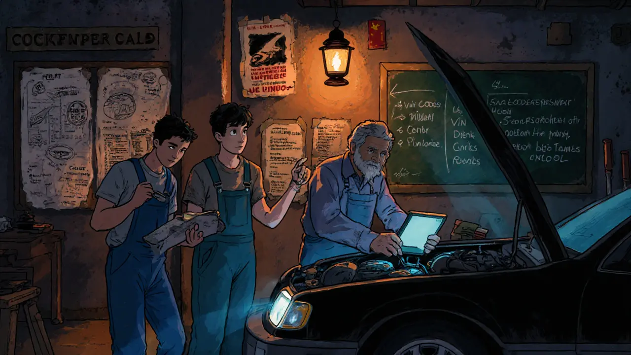 Механики чинят машину с помощью самодельных схем и планшета с ошибками диагностики.