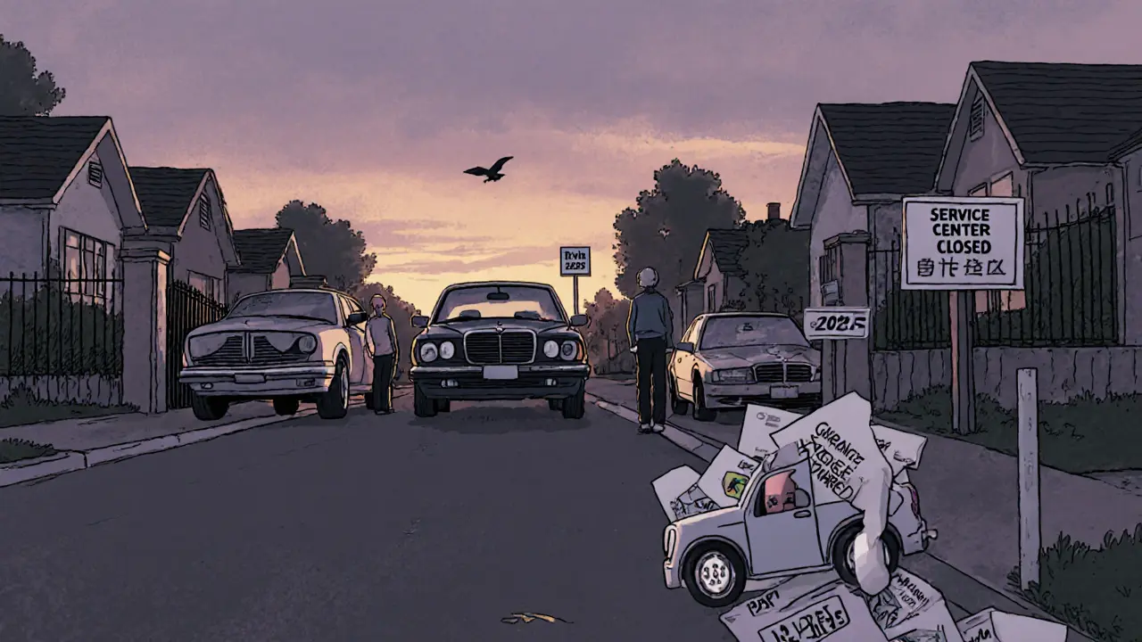 Три машины стоят в гаражах, хозяева смотрят на закрытый сервисный центр, на заднем плане — ребёнок с игрушечной машиной.