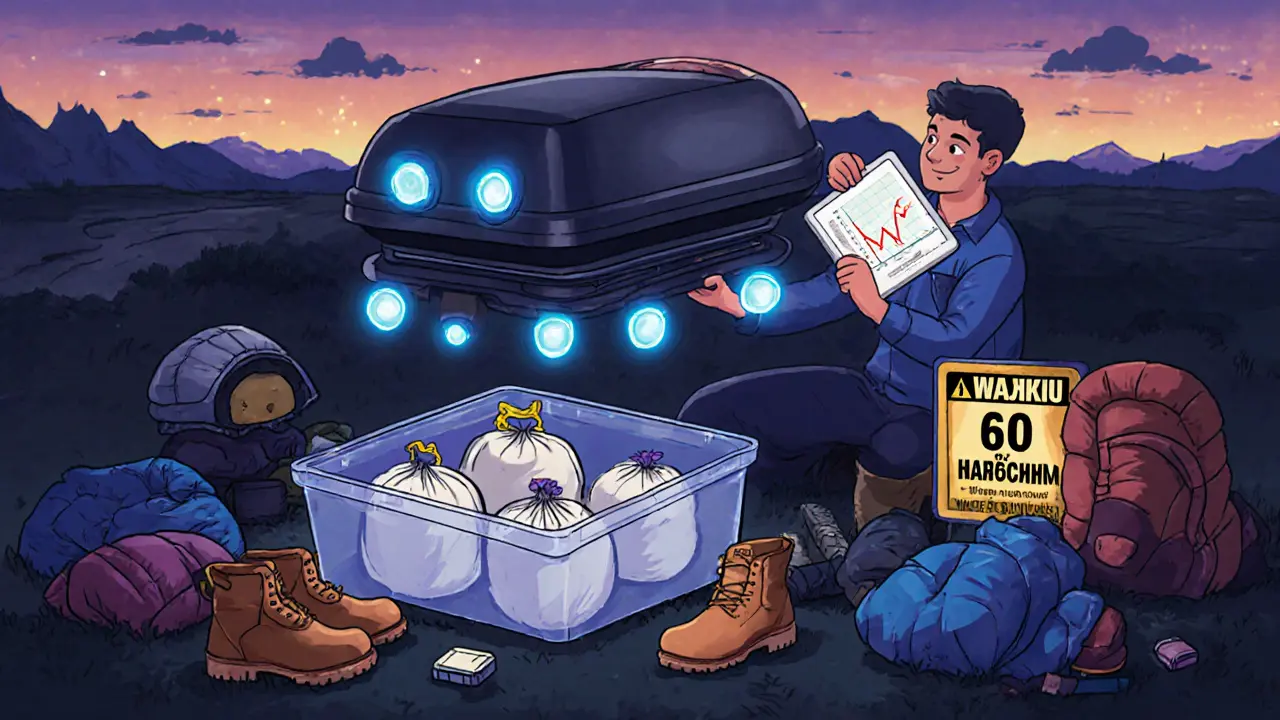 Умный багажник с датчиками и водитель упаковывает вещи в герметичные пакеты.