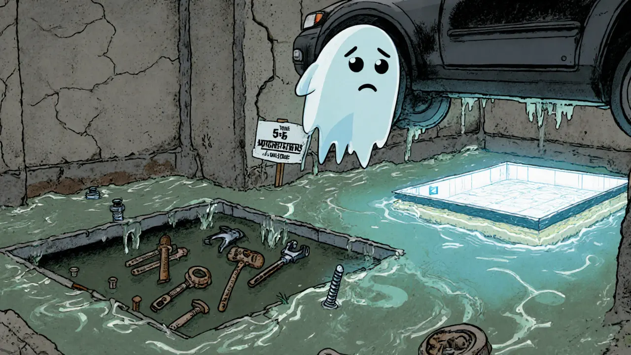 Затопленная яма с ржавыми инструментами и призраком &#039;плохо построенной ямы&#039;.