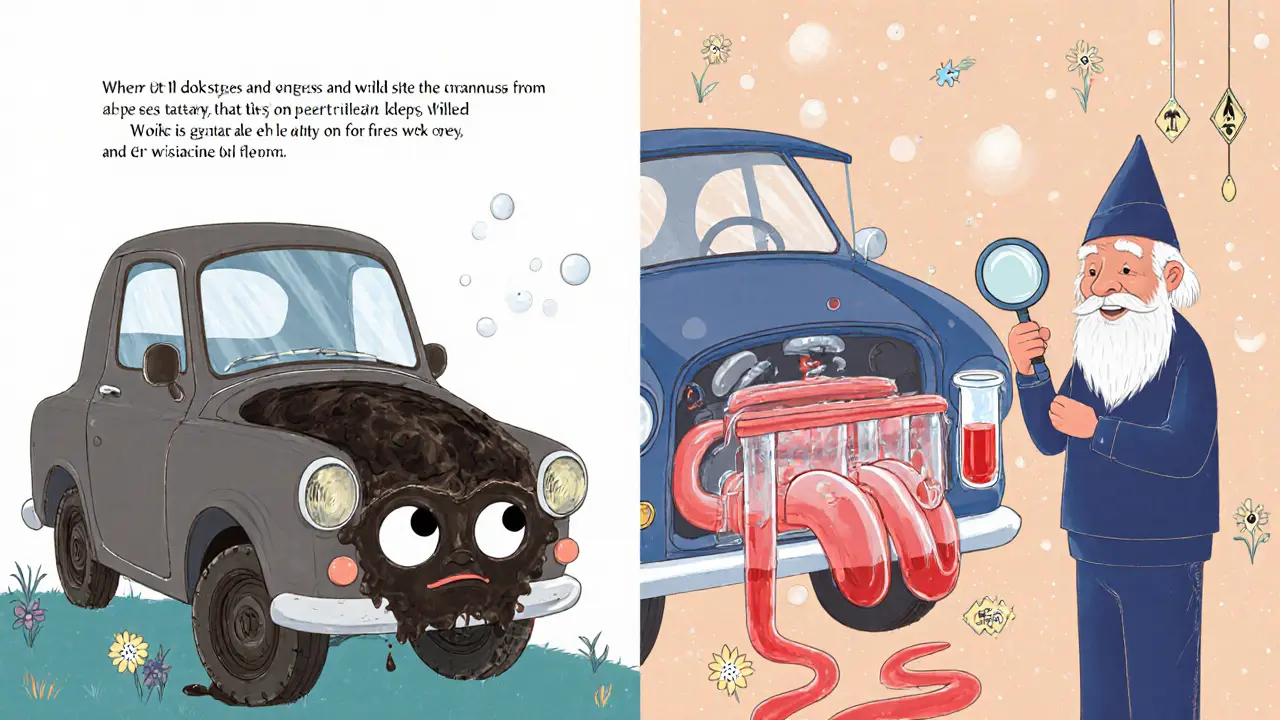 Два состояния двигателя: грязный слева и чистый справа, механик с лупой смотрит на масло.