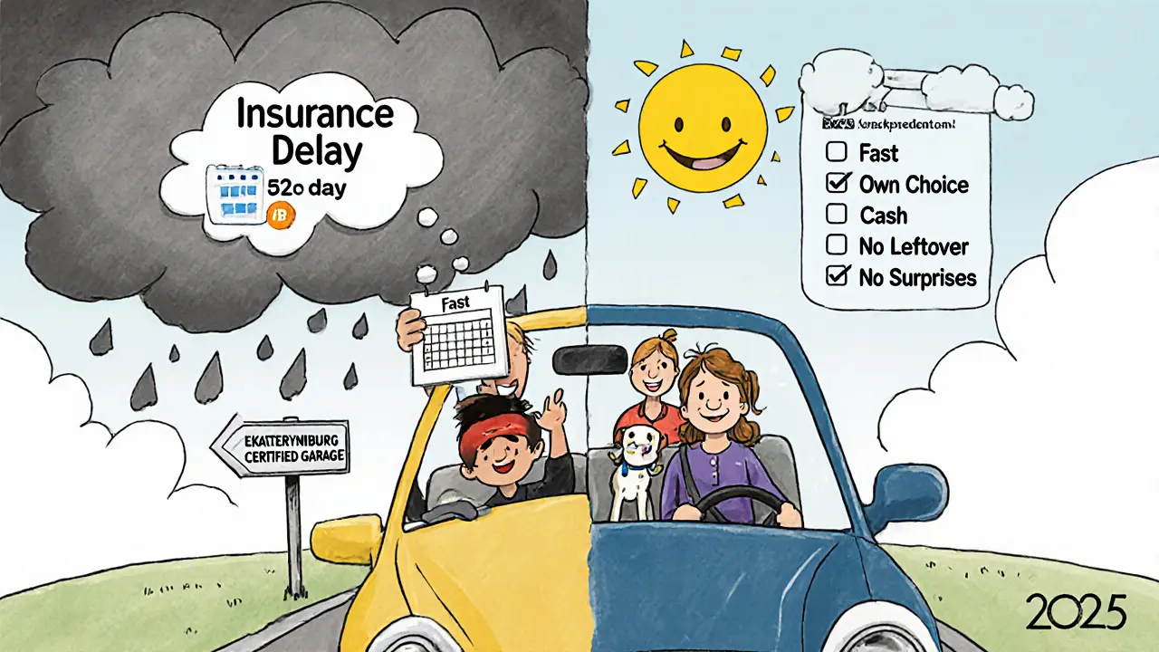 Семья уезжает на машине после ремонта — над ними противопоставлены страховые ловушки и выгоды выбора.