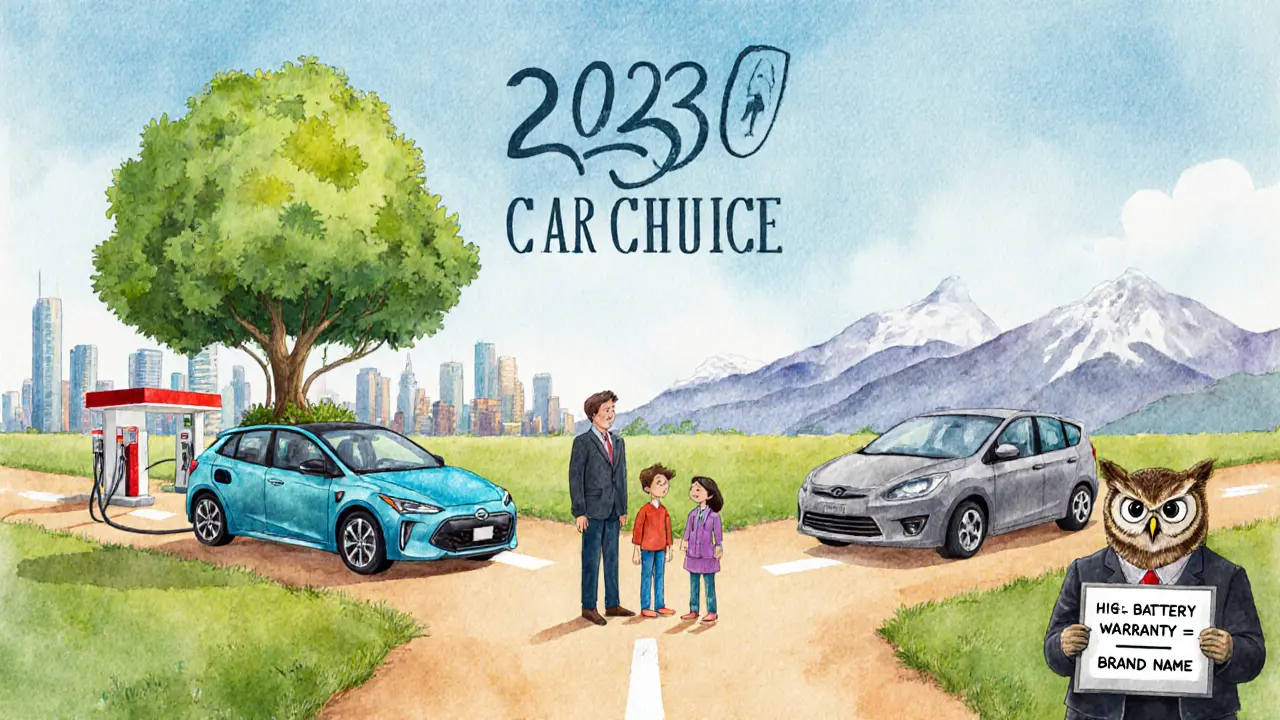 Семья выбирает между электромобилем и гибридом, мудрая сова держит знак о гарантии.