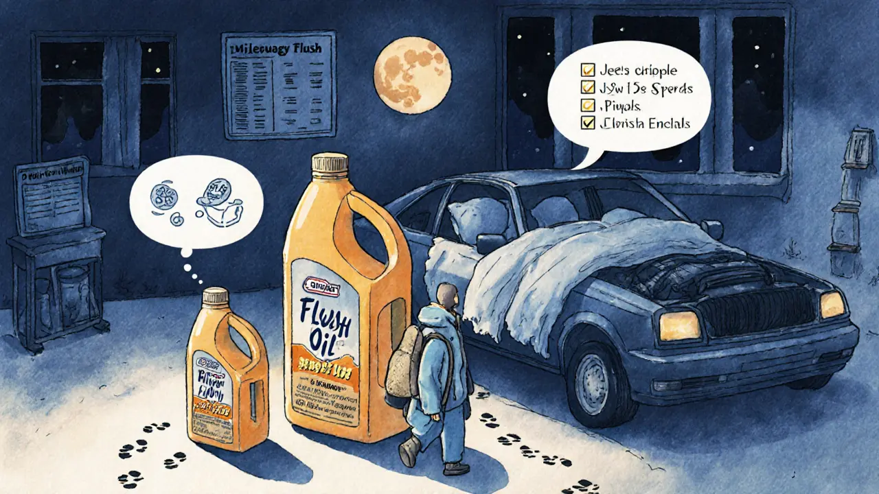 Три вида промывочного масла в виде персонажей рядом со спящим автомобилем под лунным светом.