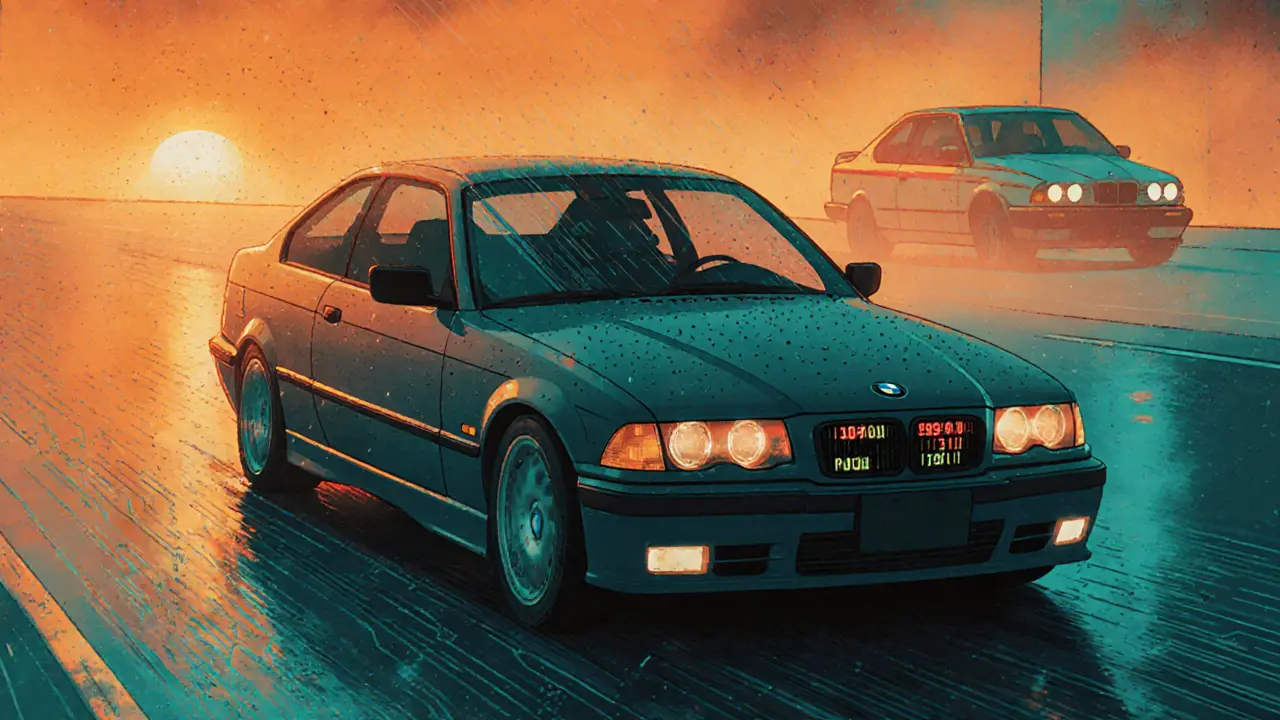 BMW E36 на шоссе при закате, с цифровыми индикаторами и туманом за окном.
