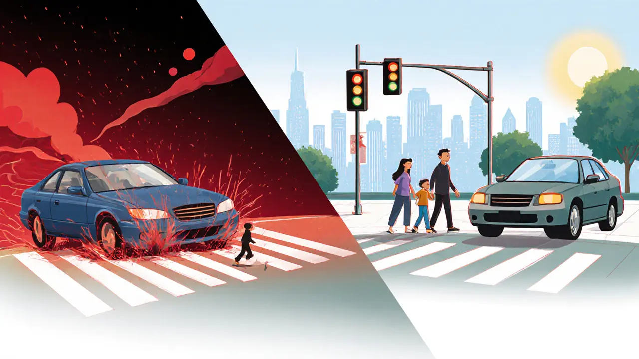 Два сценария: одна машина наезжает на пешехода, другая — останавливается вовремя.