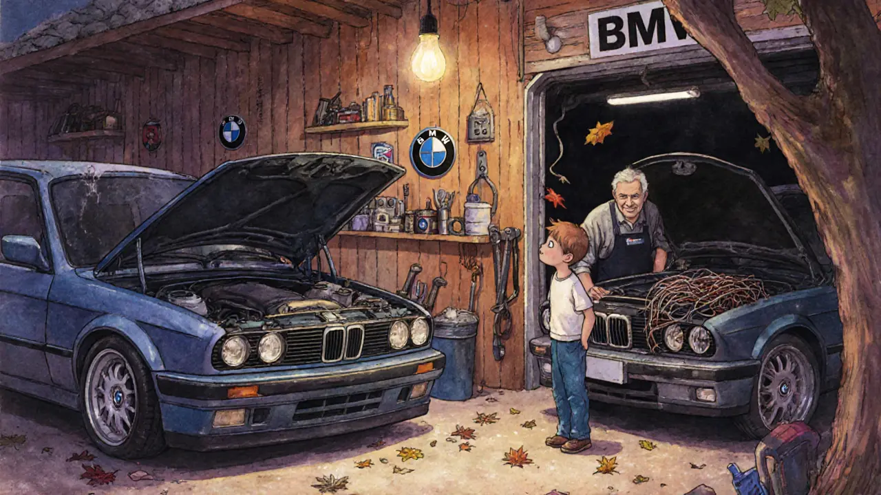 Гараж с E30 и E36 рядом, один с открытым мотором, другой с проводами, хозяин смотрит на них.