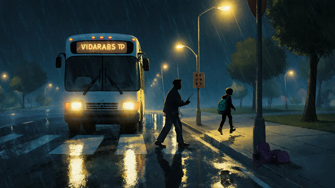 Водитель останавливается на перекрёстке ночью, проверяя обзор вокруг автобуса.