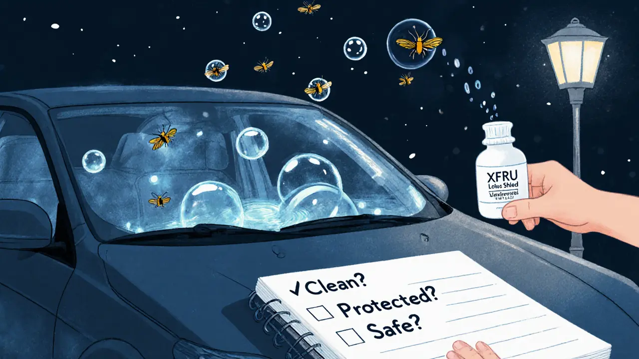 Защитное покрытие на стекле отталкивает насекомых, ночь, мягкий свет фонаря.