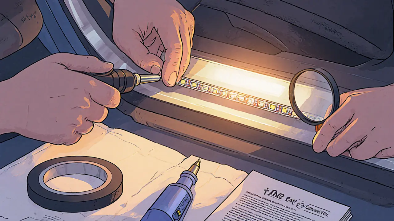 Человек устанавливает светодиодную ленту в двери автомобиля, используя клей и паяльник, рядом лежат инструменты.