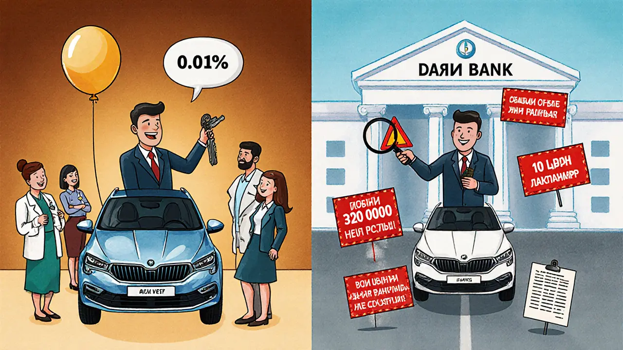 Два водителя: один с выгодным кредитом для бюджетников, другой — с скрытыми расходами и предупреждениями.