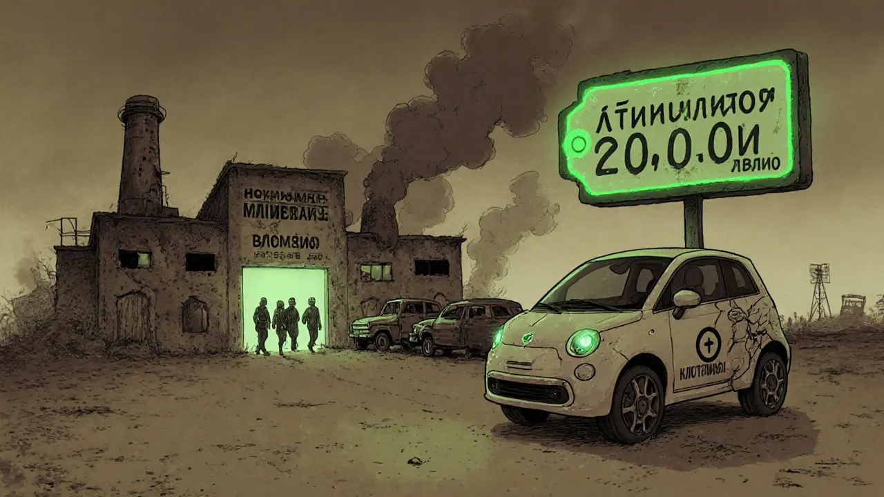 Электромобиль на пустой дороге с ценником 2 млн рублей, позади — разрушенный завод, люди несут старые машины, небо тёмное, один светящийся выход.