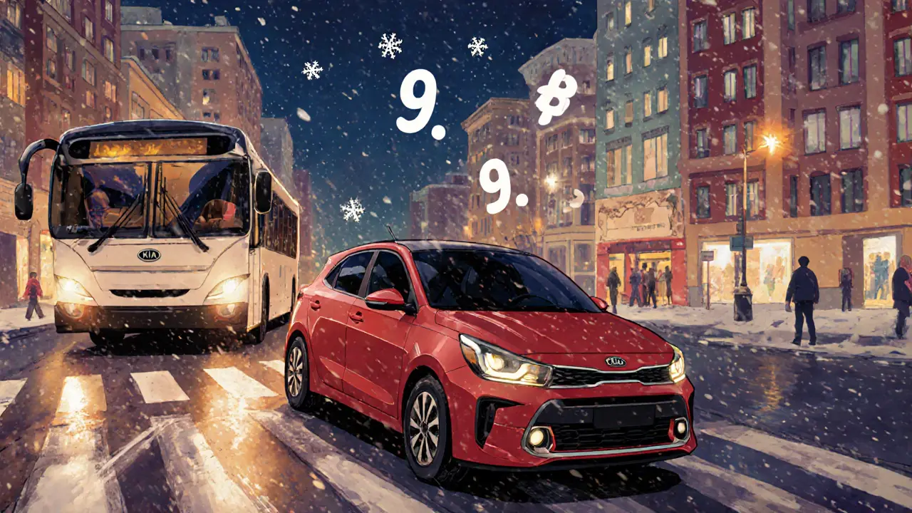 Kia Rio GT 2025 overtaking a bus in a snowy city, glowing headlights and digital dashboard visible.