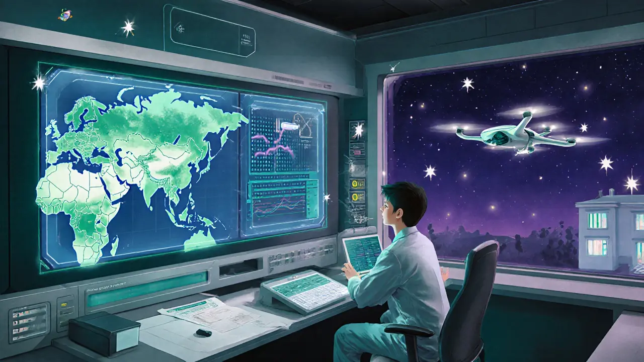 Контрольный центр с голографическими датчиками и блокчейном, техник следит за температурой в России.