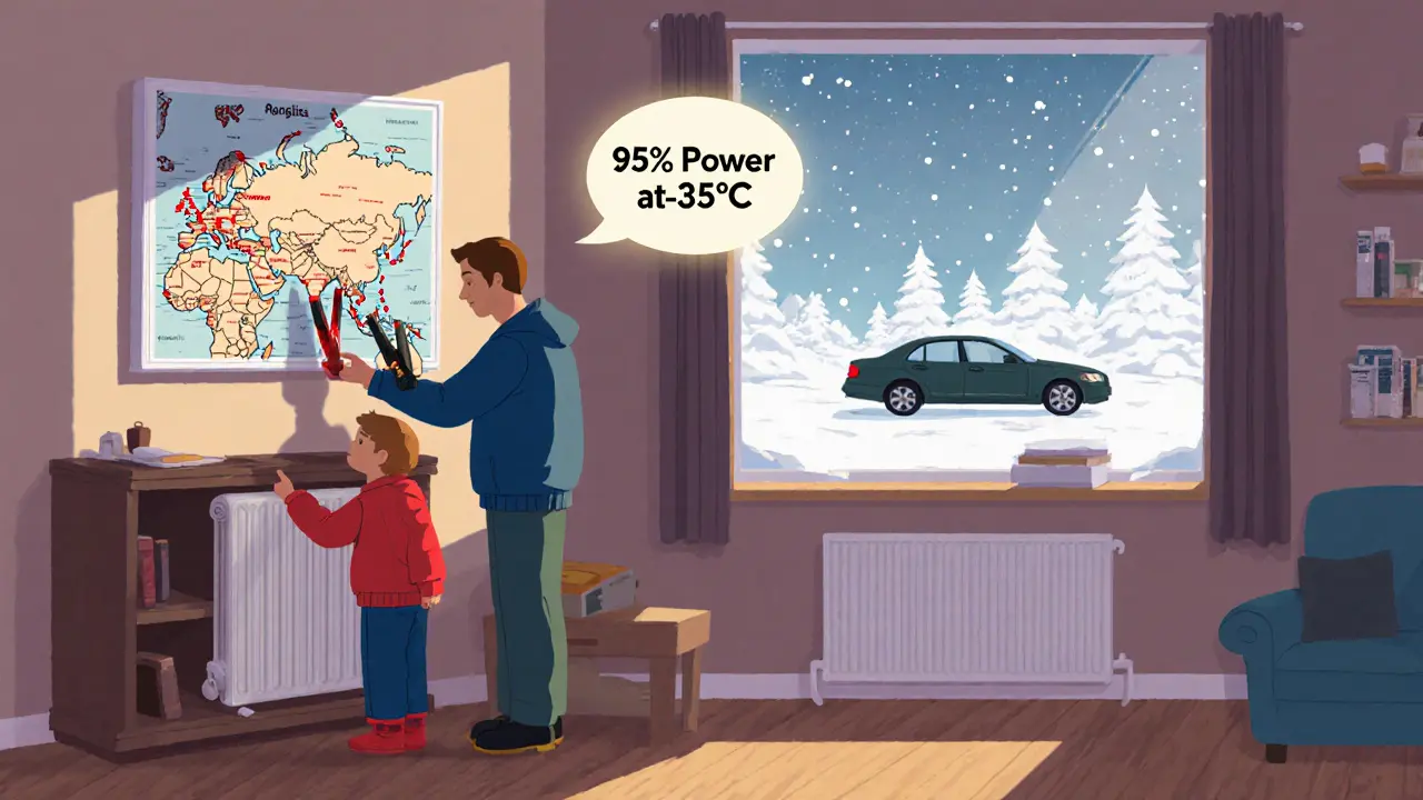Семья кладёт запускатель рядом с батареей, за окном машина в снегу, на карте России красные точки над северными регионами.