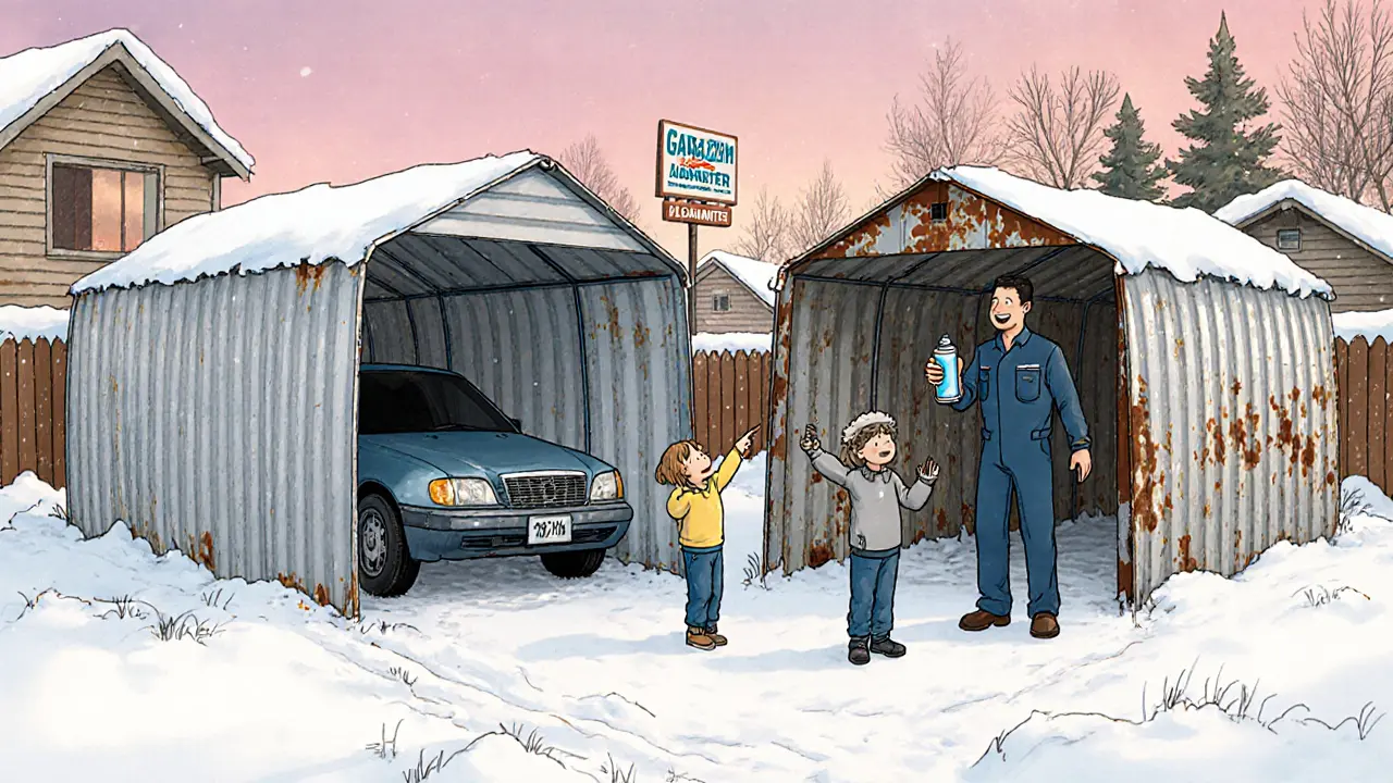 Семья у двух гаражей-ракушек: один новый, другой ржавый, механик показывает баллон с антикоррозийным составом.