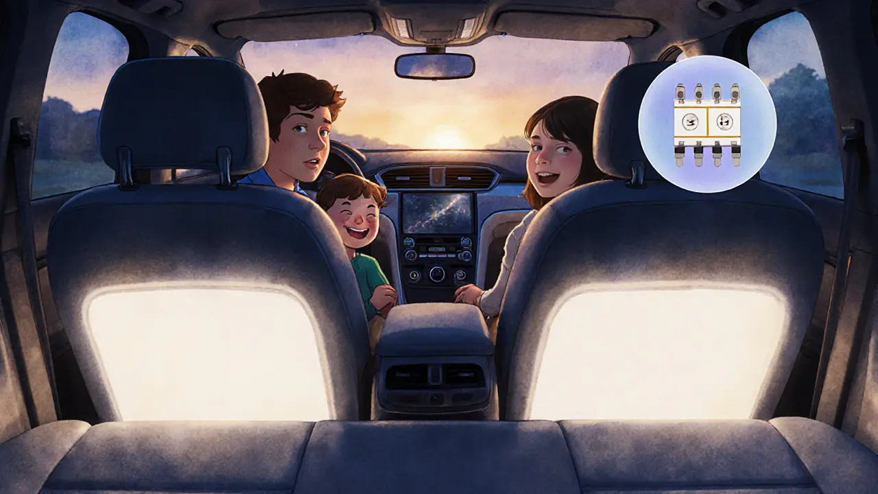 Семья в машине утром, салон мягко подсвечен, солнечный свет смешивается с тёплым светом LED-лент.