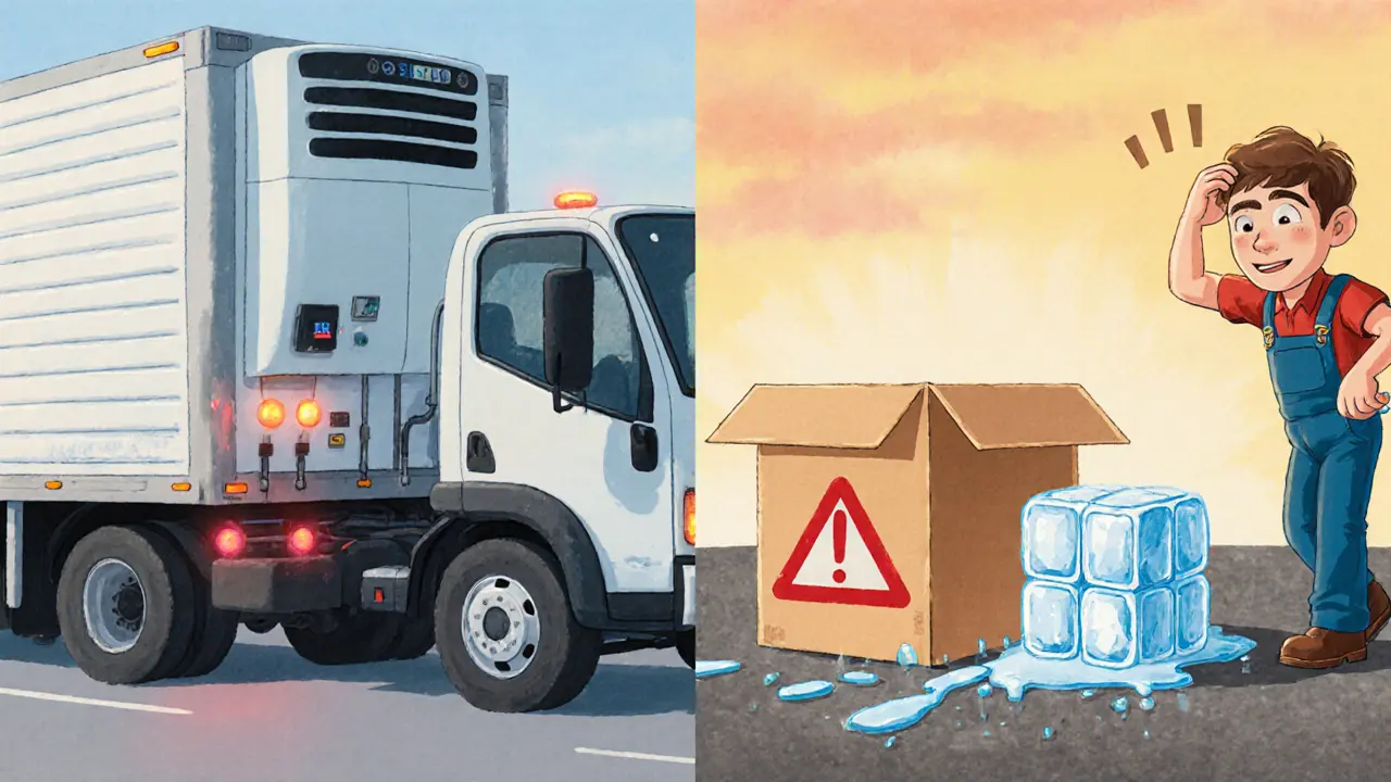 Сравнение: правильно оснащенный рефрижератор и испорченный груз на асфальте с тающим льдом.