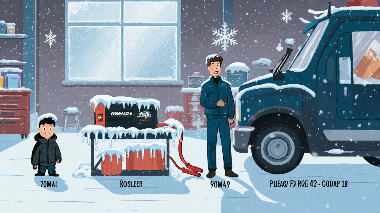 Три автозапускателя на фоне снежного гаража: маленький, средний и большой — каждый с символами мощности и морозостойкости.